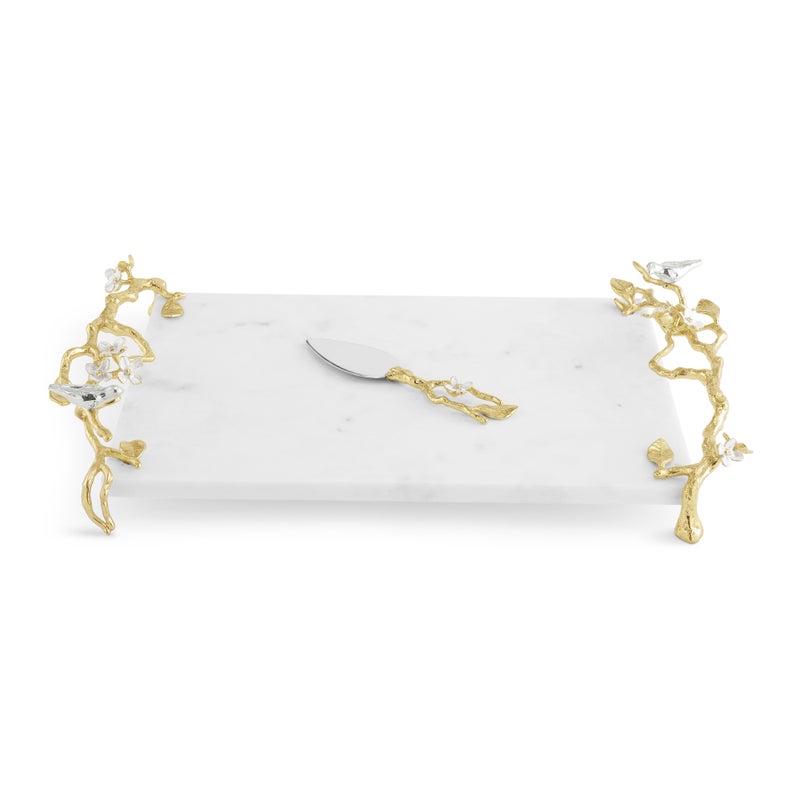Lovebirds Silver &amp; Gold Chesseboard w Knife
