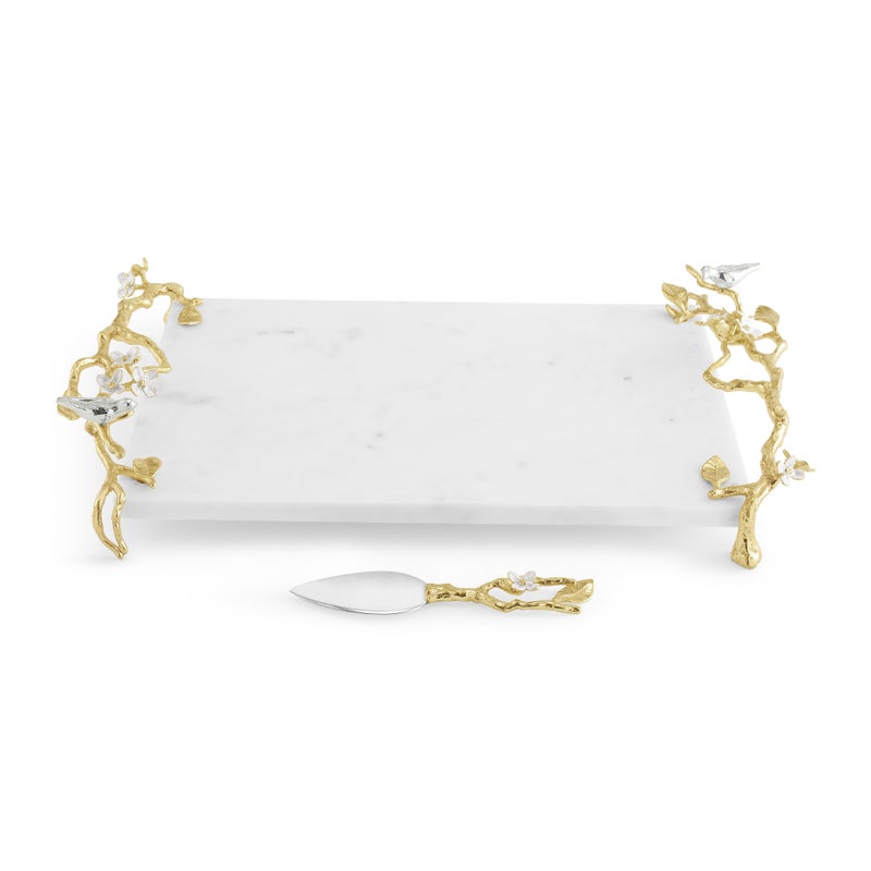 Lovebirds Silver &amp; Gold Chesseboard w Knife