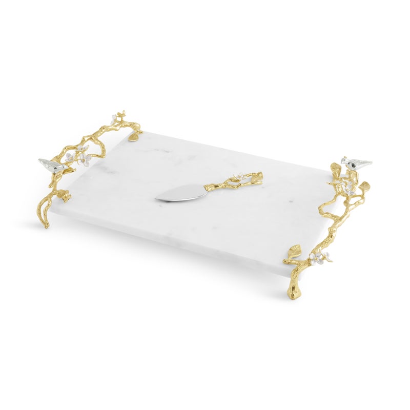 Lovebirds Silver &amp; Gold Chesseboard w Knife