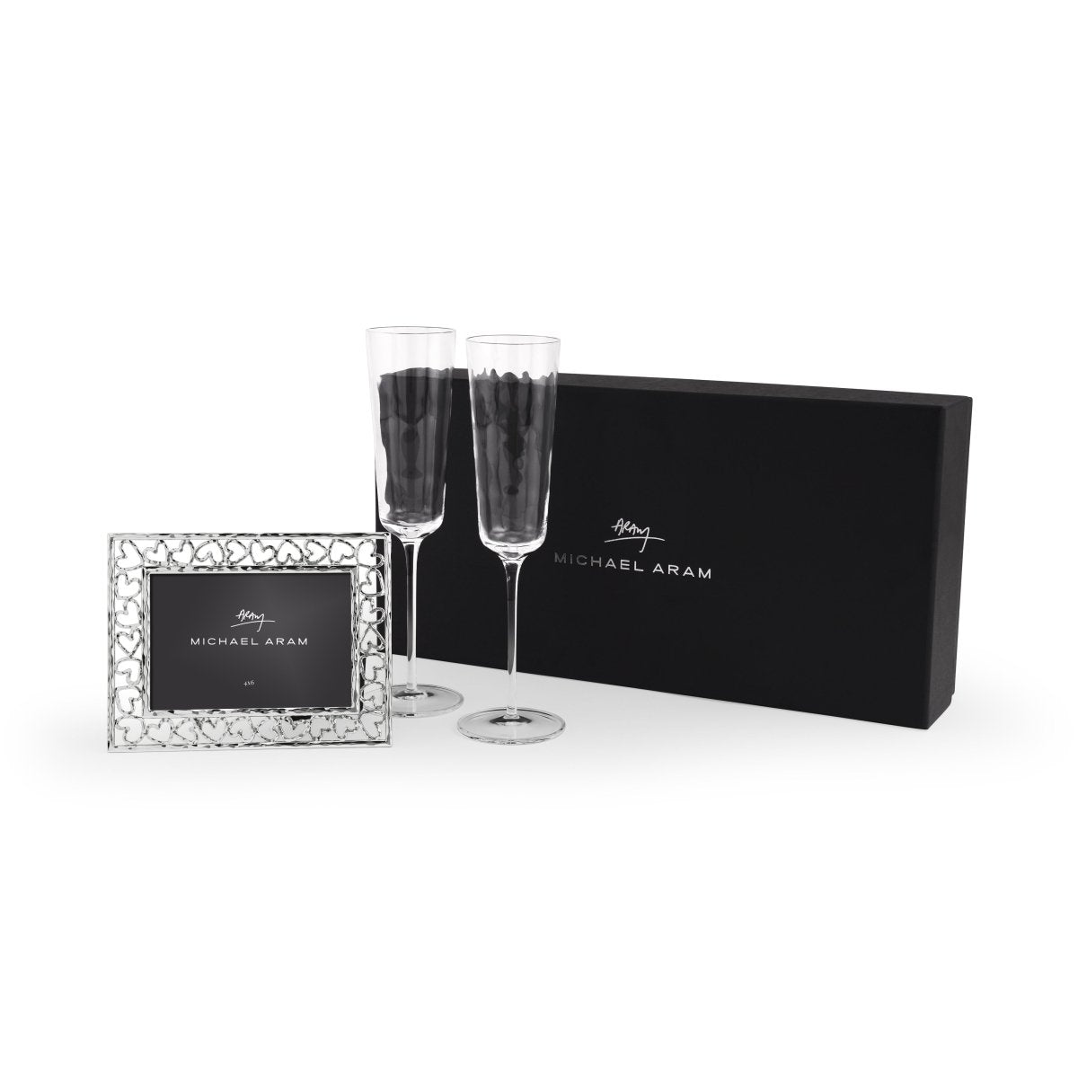 Michael Aram Reflective Champagne Flute & Heart Frame 3.5" x 5" Packaged Gift Set