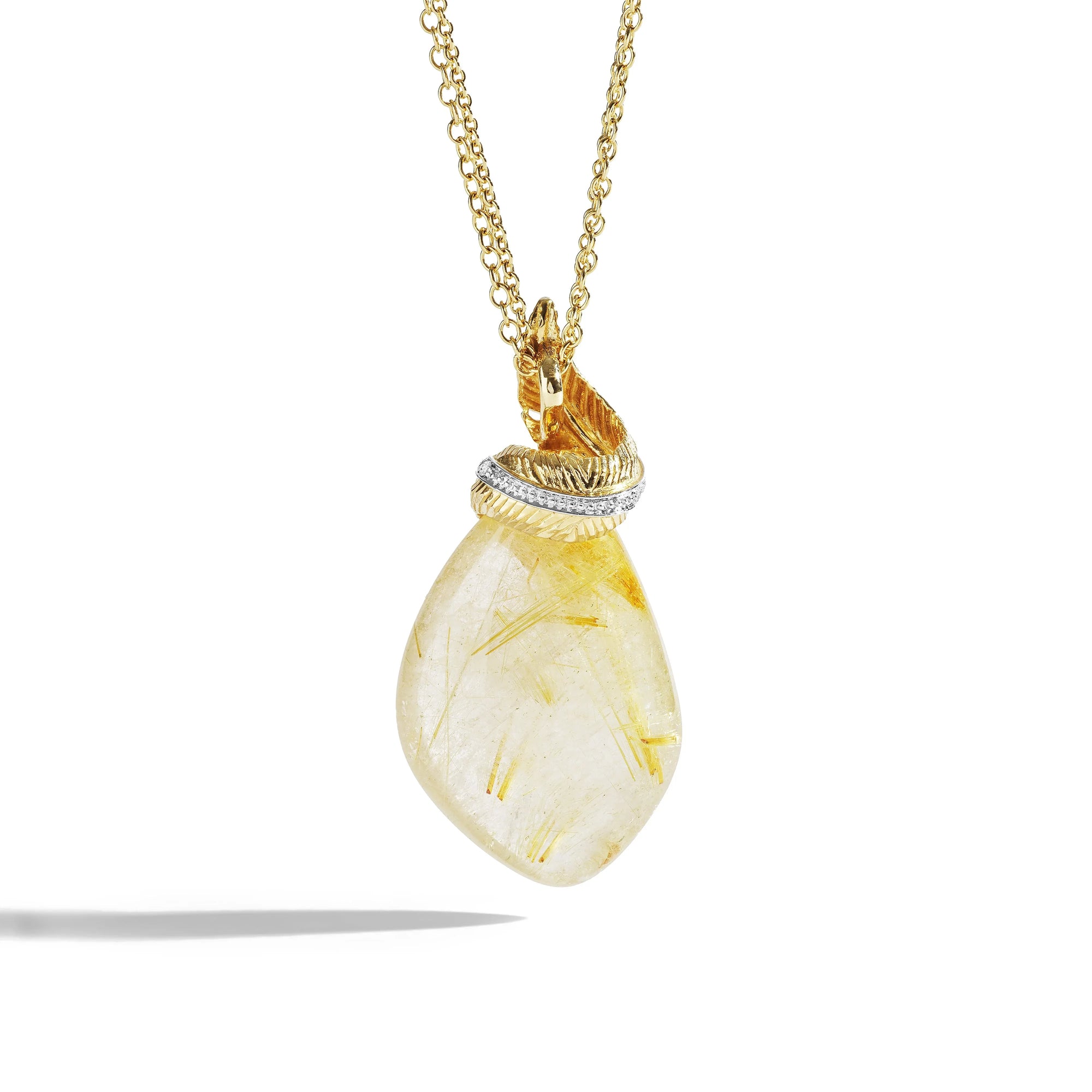 Michael Aram Feather Wrap Necklace w/ Rutilated Quartz & Diamonds in 18K Yellow Gold